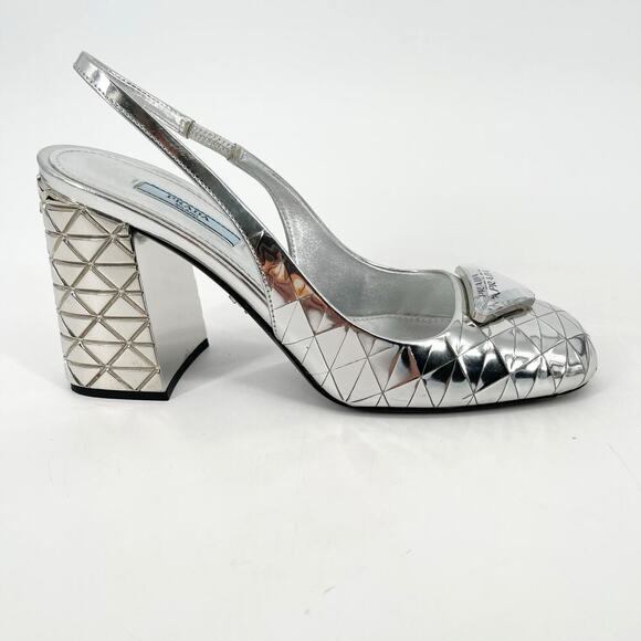 Prada Geometric Silver Metallic Logo Triangle Slingback Pumps In Argento IT 38 - Picture 2 of 13
